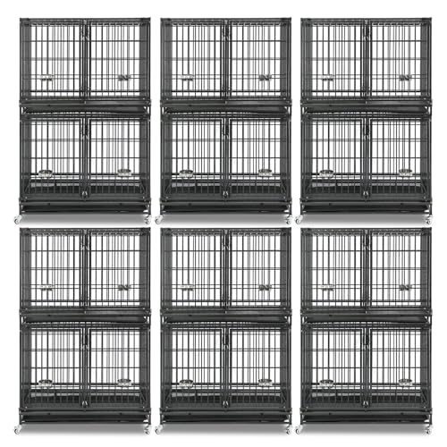 Homey Pet 43 Inch 2 Tiers Dog Crate Cage Kennel with Divider, Stackable Heavy Duty Dog Crate for Large Dogs, Escape Proof Indestructible Dog Kennel Indoor with Removable Tray, Lockable Wheels(6 Packs) - size: 43"L - 2 Tiers - 6 Pack