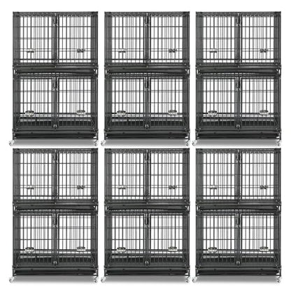 Homey Pet 43 Inch 2 Tiers Dog Crate Cage Kennel with Divider, Stackable Heavy Duty Dog Crate for Large Dogs, Escape Proof Indestructible Dog Kennel Indoor with Removable Tray, Lockable Wheels(6 Packs) - size: 43"L - 2 Tiers - 6 Pack