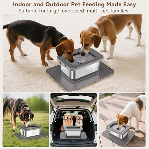 10L No Spill Dog Water Bowl, 2.6 Gal Stainless Steel No Splash Large Dog Water Bowl with Non-Slip Silicone Mat, Spill Proof Slow Drinking Pet Bowls for Messy Drinkers Indoor/Outdoor Use Gray - color: Grey