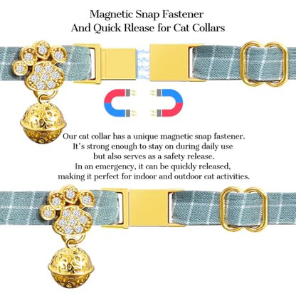 Personalized Breakaway Cat Collars - Magnetic Buckle, Bell - Safety Quick Release, Customized for Girls & Boys Cats- (Checkered-Cyan) - color: Checkered-Cyan