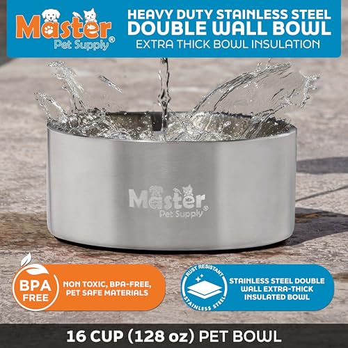 Master Pet Supply Stainless Steel Dog Bowls - 128 oz, Heavy Duty - Stainless Steel, Double Wall Extra-Thick Insulated, Non-Slip Pet Water Bowl for Dogs, Cats & Pets, Anti Rust Metal, Dish Washer Safe - color: Stainless Steel, size: 16 Cups (128 oz)