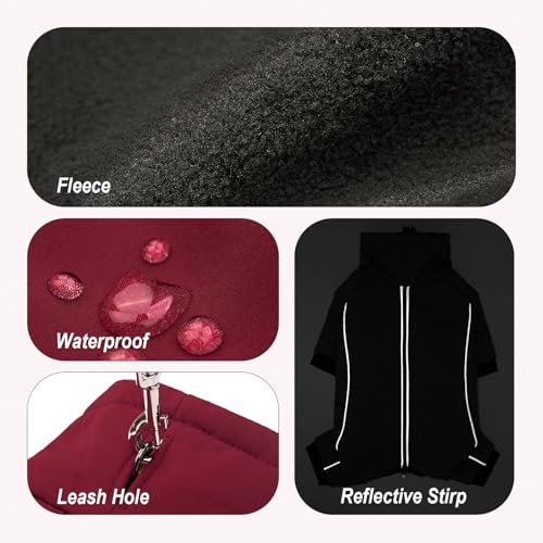 Four Leged Dog Winter Coat, Fullbody Warm Fleece Dog Jacket, Reflective Puppy Cold Weather Coats with Leash Hole & Drawstring, Back Zipper Water-Resistant Doggie Winter Clothes - color: Dark Red, size: XX-Large