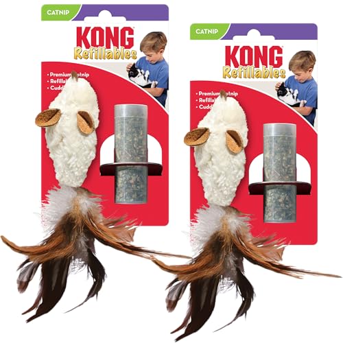 KONG Refillables Catnip Toys, Assorted 2-Pack – Plush Cat Toys with Refillable Catnip Pouch & Premium North American Catnip (Feather Mouse 2 Pack) - color: Feather Mouse 2 Pack