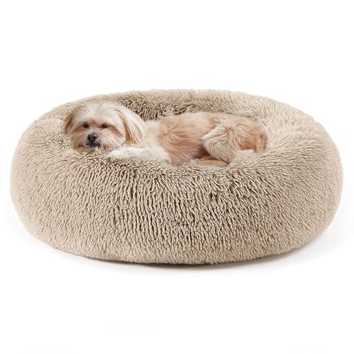 Calming Dog Bed & Cat Bed, Anti-Anxiety Donut Cuddler Warming Cozy Soft Round Fluffy Faux Fur Plush Cushion Bed for Small Medium Dogs and Cats (20"/24"/27"/30") - color: Brown, size: 20.0"L x 20.0"W x 6.0"Th