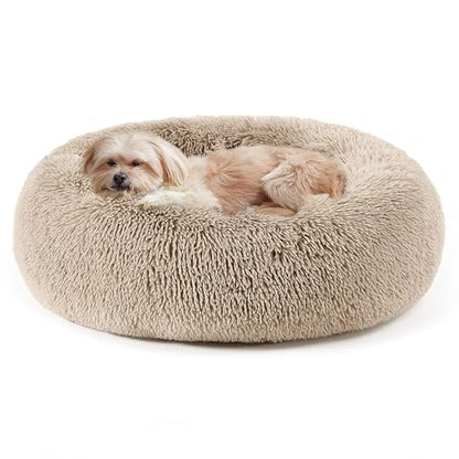 Calming Dog Bed & Cat Bed, Anti-Anxiety Donut Cuddler Warming Cozy Soft Round Fluffy Faux Fur Plush Cushion Bed for Small Medium Dogs and Cats (20"/24"/27"/30") - color: Brown, size: 20.0"L x 20.0"W x 6.0"Th