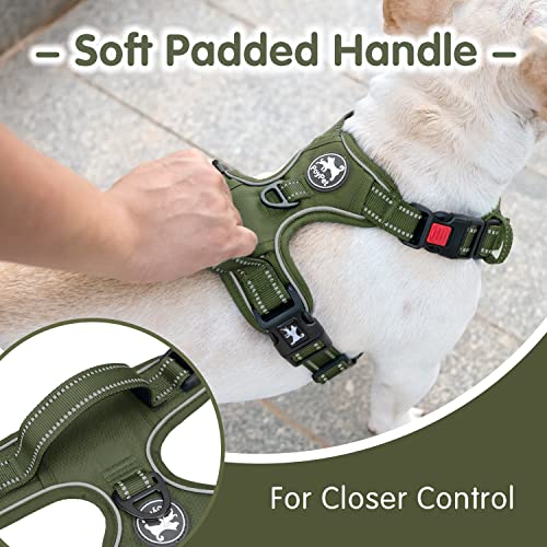 PoyPet No Pull Dog Harness and 5 Feet Leash Set, Release on Neck Reflective Adjustable Pet Vest, Front & Back 2 D-Ring and Soft Padded Pet Harness with Handle for Small to Large Dogs(Military Green,M) - color: Military Green, size: Medium