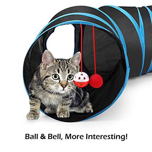 Pawaboo Cat Toys, Cat Tunnel Tube S-Shaped Tunnels 25x97cm Extensible Collapsible Cats Play Tent Interactive Toy Maze Cats House with Balls and Bells for Kitten Kitty Rabbit Small Animal, Blue - color: Blue, size: S Way