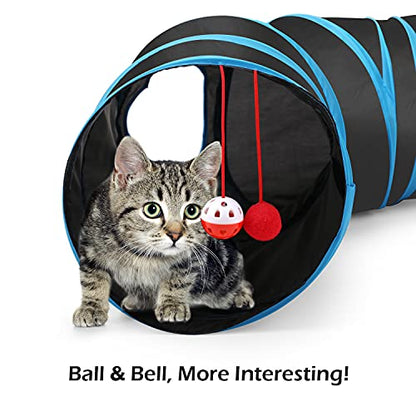 Pawaboo Cat Toys, Cat Tunnel Tube S-Shaped Tunnels 25x97cm Extensible Collapsible Cats Play Tent Interactive Toy Maze Cats House with Balls and Bells for Kitten Kitty Rabbit Small Animal, Blue - color: Blue, size: S Way