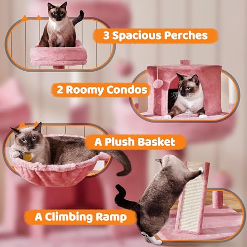 Yaheetech 68.5in Cat Tree for Large Cats, Multi-Level Cat Tower with 3 Wide Perches, Large Condo, Stable Pet Play House w/Sisal-Covered Scratching Posts & Board, Pink - color: Pink, size: 68.5in