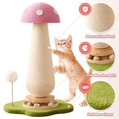 Mushroom Cat Scratching Post Cat Tree, 21.5‘’ H Cute Cat Scratcher Tower with Durable Solid Wood Turntable Toy, Baby Pink Mushroom Scratch Post Cat Sisal Scratcher with Catnip for Indoor Adult Cats - color: Pink Mushroom