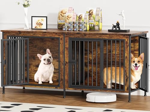 EasyCom Dog Crate Furniture for 1 or 2 Dogs, Heavy Duty Single/Double Dog Crates for Small/Medium/Large Dogs, Dog Kennel Furniture Indoor as TV Stand, Medium Size 63" L(20-35 Pounds), Brown - color: Brown, size: 63.0"L x 23.6"W x 27.9"H