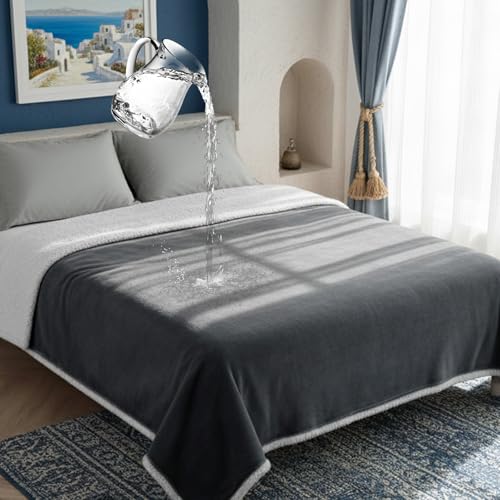 Waterproof Dog Blanket for Couch & Bed, Reversible Sherpa Fleece Pet Throw with Quiet TPU Barrier, Machine Washable Furniture Protector for Large Dogs & Cats, Queen Size 80x90 Inch, Gray - color: Gery, size: Queen(80"*90")