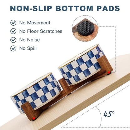 Ceramic Dog Bowls for Medium Dogs, 3.5 Cups Checkered Dog Food and Water Bowl with Acacia Wood Stand, Non-Slip Anti-Tip Elevated Feeding Station, Blue and White - color: Blue and White