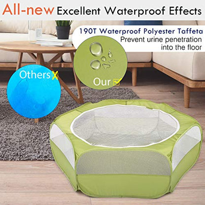 Pawaboo Small Animals Playpen, Waterproof Small Pet Cage Tent with Zippered Cover, Portable Outdoor Yard Fence with 3 Metal Rod for Chick/Kitten/Puppy/Guinea Pig/Rabbits/Hamster/Chinchillas,Green - color: A-Green
