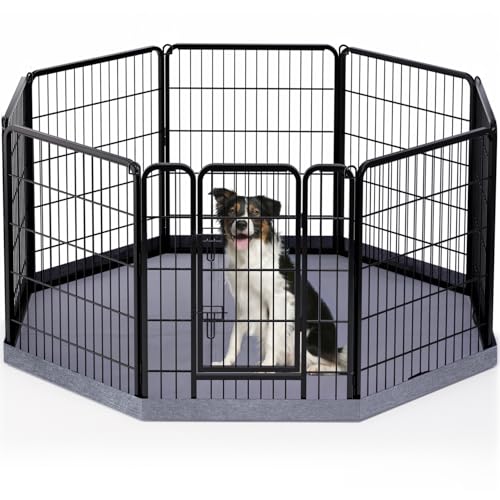 PETIME Dog Playpen,Metal Exercise Puppy Pen Heavy Duty Kennels Yard Fence Indoor/Outdoor 27" W x 32" H 8 Panels Dog Cage with Octagon Bottom Pad - size: 32"H, style: Playpen+Octagon Bottom