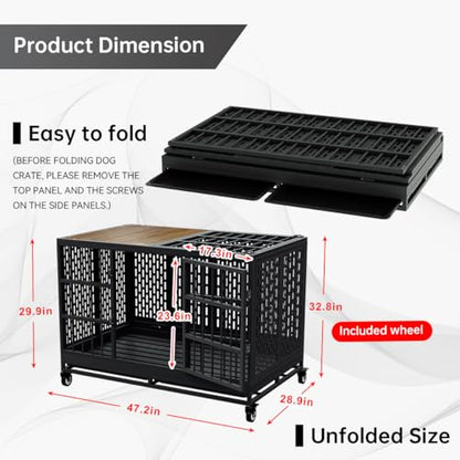 Snuowu 48 Inch Heavy Duty Dog Crate with Wheels, Folding Metal Big Dog Cage for Large and Medium Dogs, Extra Large XL XXL Indestructible Dog Crate with Removable Tray. - size: 47.3"L x 29.0"W x 32.0"H
