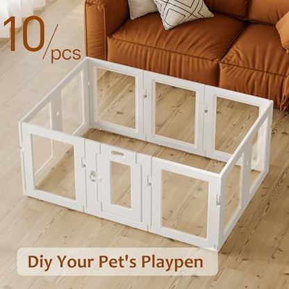 Clear Acrylic Dog Playpen Indoor, Puppy Cat Small Pet Play Pen, Easy Assemble & Disassemble Sturdy Plastic Dog Fence with Heavy Duty Door Lock (24In H, 10PCS), White - color: White, style: 10 Panels - 24 In