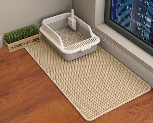 HCY&WLD Cat Litter Mat, 45x26 Inch Extra Large&Long Double Layer Cat Litter Box Mat, EVA Non-Slip, Waterproof Urine Proof Cat Litter Catcher Mat, Easy Clean Scatter Control (45x26 Inch, Khaki) - color: Khaki