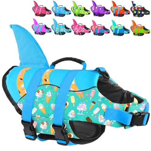 Shark Fin Dog Life Jacket High Buoyancy, Adjustable Dog Life Vest with Quick Release Buckles & Rescue Handle for Swimming Boating, Small Medium Large Dogs - color: Shark-Turquoise+Ice cream, size: X-small