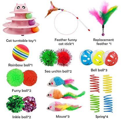 UPSKY 20 PCS Cat Toys - 3-Level Turntable Roller with Balls for Indoor Cats, Kitten Set with Teaser, Mice, Spring, and Various Ball Toys - color: B-20PCS-Pink