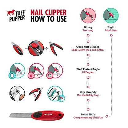 Tuff Pupper Dog Nail Clipper | Bonus Free Nail File | Razor Sharp Stainless Steel Blades | Protective Safety Guard Prevents Over-Cutting | Sturdy Non Slip Handles for Safe Grooming | Medium Large Dogs