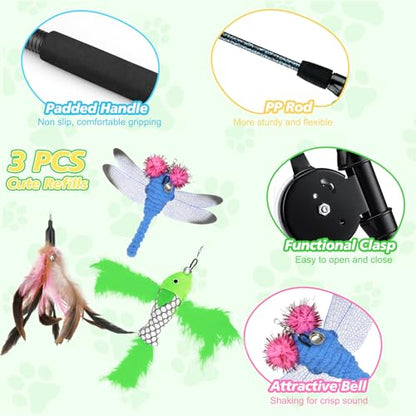 Pawaboo Interactive Cat Toy, Retractable Cat Fishing Rod with 3 Replacement Fishing Lures Made of Feathers and Bells, Adjustable Line Length, Feather Teaser for Cats, Kittens, Fun, Blue - color: Bionic Pink Feather