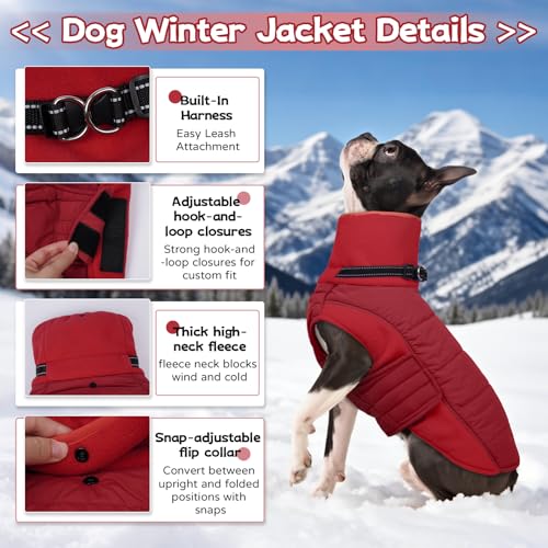 BRKURLEG Dog Winter Coat with Harness Built in, Warm Jacket for Small Medium and Large Dogs, Windproof Turtleneck Fleece Dogs Snowsuit with Hook & Loop, Reflective Christmas Dog Jacket, Red M - color: Red, size: Medium