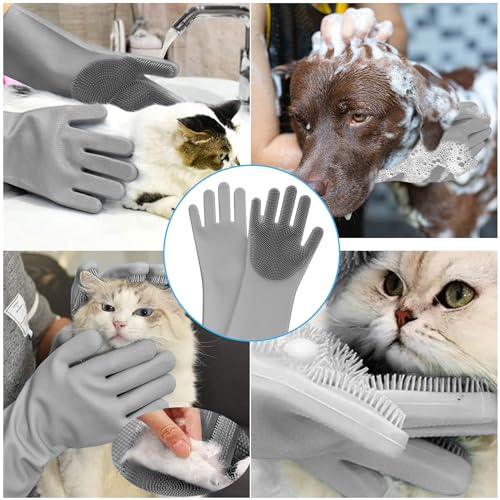 Pet Grooming Gloves - High-Density Silicone Gloves with Enhanced Five Finger Design for Massaging and Bathing Dogs and Cats (Grey) - color: Gray