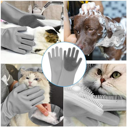 Pet Grooming Gloves - High-Density Silicone Gloves with Enhanced Five Finger Design for Massaging and Bathing Dogs and Cats (Grey) - color: Gray