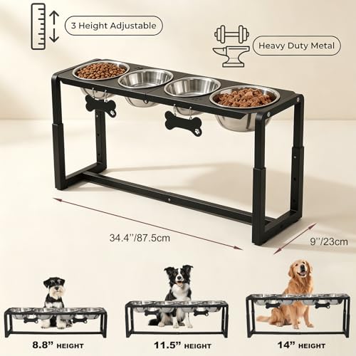 Metal Elevated Dog Bowls, Raised Dog Bowls for Medium/Large Sized Dogs with Four 58oz Stainless Steel Food Bowls, 3 Adjustable Height (8.8"/11.5"/14") Dog Bowl Stand Protect Neck & Joints - size: 8.8-14" | M/L Dogs | 4×58oz Bowls