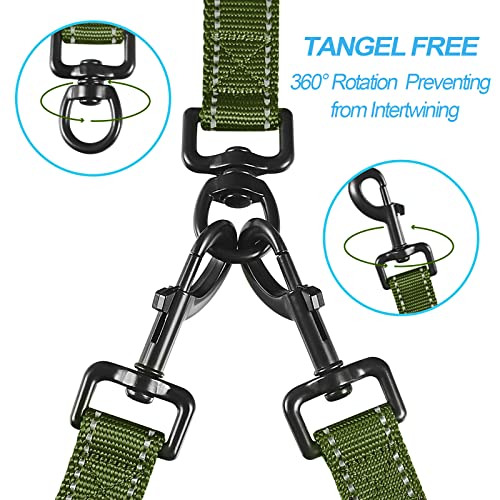 Double Dog Leash, No Tangle Dual Leash, Reflective Walking Training Lead, 4 Comfortable Padded Handles for 2 Dogs with Collapsible Bowl and Waste Bags (Khaki Green, Large) - color: Khaki Green