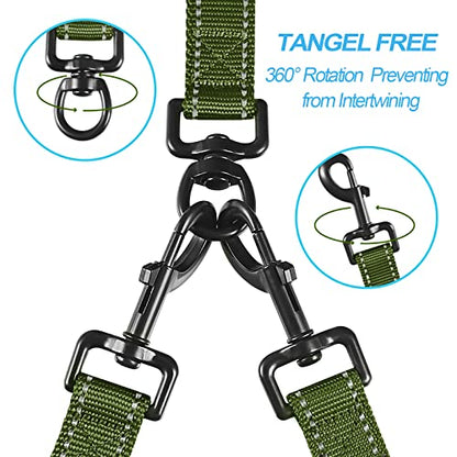 Double Dog Leash, No Tangle Dual Leash, Reflective Walking Training Lead, 4 Comfortable Padded Handles for 2 Dogs with Collapsible Bowl and Waste Bags (Khaki Green, Large) - color: Khaki Green