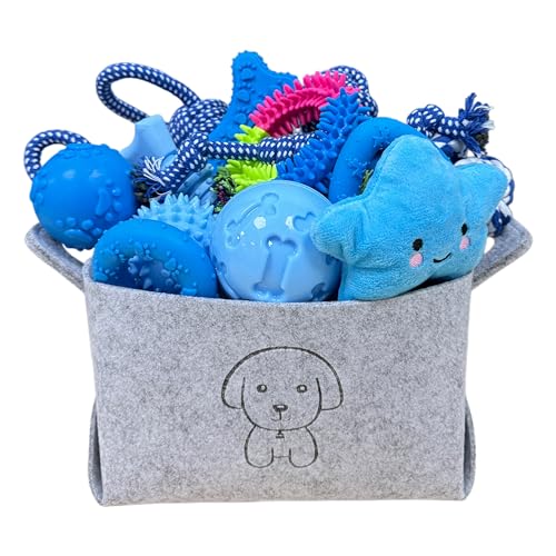 MRSOHRET Upgraded 21Pcs Puppy Chew Toys - Blue Puppy Chew Toys Bundle for Teething, Puppies Teething Toys with Durable Rope Rubber Ball, Pet Interactive Toys for Small Medium Dogs with Basket
