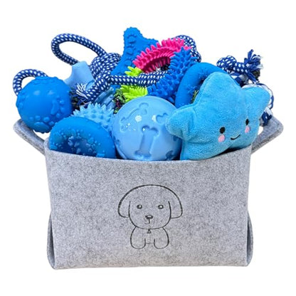MRSOHRET Upgraded 21Pcs Puppy Chew Toys - Blue Puppy Chew Toys Bundle for Teething, Puppies Teething Toys with Durable Rope Rubber Ball, Pet Interactive Toys for Small Medium Dogs with Basket