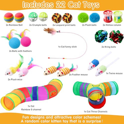 Poen 22pcs Cat Kitten Toys Set with 2 Collapsible Cat Tunnel and 20 Interactive Kitty Feather Toy, Fluffy Mouse, Crinkle Balls, for Kitten Puppy(Multicolor) - color: Multicolor