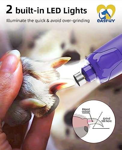 Casfuy Dog Nail Grinder Quiet - (45db) 6-Speed Pet Nail Grinder with 2 LED Lights for Large Medium Small Puppy Dogs/Cats, Professional 3 Ports Rechargeable Electric Dog Nail Trimmer with Dust Cap - color: Purple