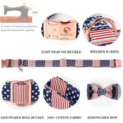 DOGWONG American Flag Dog Collar, 4 of July Dog Bow Collar Heavy Duty Adjustable Patriotic Dog Collar with Bowtie for Small Dogs - color: American Flag B, size: XS