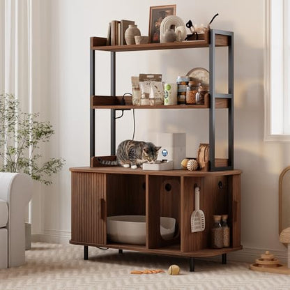 ONBRILL 54 Inch Hidden Litter Box Furniture with Shelves and Outlets,Fluted Cat Litter Box Enclosure, Mid-Century Modern Wooden Cat House with Sliding Tambour Door and Hooks, Walnut - color: Walnut