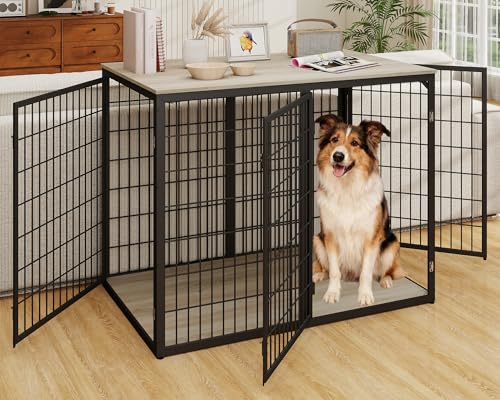 Yafylly 48" Dog Crate Furniture for Medium Large Dogs, Indestructible Large Dog Kennel Indoor with 3 Doors, Wooden Dog Cage Side End Table, Heavy Duty XL Dog Crate, Gray - color: Grey with 3 Doors, size: 48in