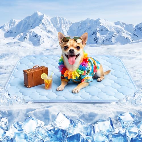 Cooling Mat for Dogs and Cats 24" x 18", Premium Pet Cooling Bed Indoor Outdoor with Waterproof Cover & Ice Silk, Summer Cool Pad for Puppy Kitty, Non-Slip Washable Pet Blanket for Crate Kennel - color: Blue Cloud Stitching, size: Small