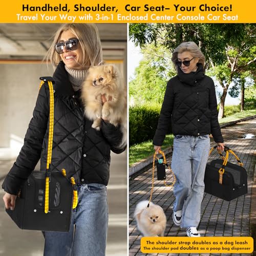 PAWZIDEA Center Console Dog Car Seat, Enclosed Small Dog Armrest Booster Carseat, Secure Straps &Anti Slip, Portable TSA Approved Puppy Pet Carrier Soft-Sided, Removable Pillow Storage Pocket, up 12lb - color: Black Warrior