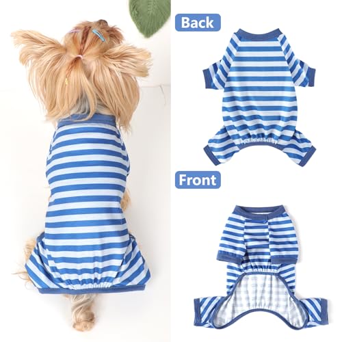 Dog Pajamas Pjs Stretchable Strip Dog Jumpsuit 4 Legs Pjs for Summer Dog Clothes Puppy Onesies Doggie Outfit (Blue, Medium (Chest 15in)) - color: Blue, size: Medium (Chest 15in )