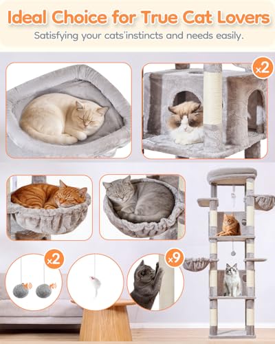 Taoqimiao Heavy Duty Cat Tree, 73in Cat Tower for Indoor Cats 25 lbs+, Extra Large Cat Tree, 2 Widen Condos, Enlarged Sleeping Platform, 9 Scratching Posts, 2 Cozy Baskets, Cat Toys, F30W Light Gray - color: Light Gray