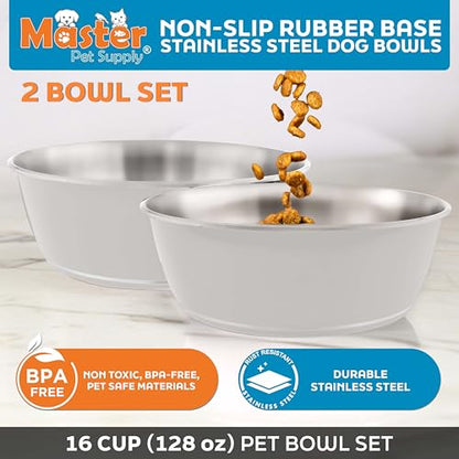 Master Pet Supply Stainless Steel Dog Bowls Set of 2 (128 Oz Each) with Non-Slip Rubber Base - Bone White - Basic Dog Food Bowl Water & Food Bowls for Small Medium Large Dogs & Cats, Metal Dish - color: Bone White, size: 16 Cups (128 oz) 2 Pack