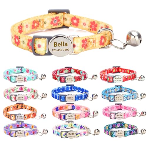 Custom Personalized Breakaway Kitten Cat Collar with ID Name Phone Number Tag Plate/Customized Engraved Floral Pattern Boy Girl Cat Kitten Collar with Bell-Orange Flower - color: Orange Flower