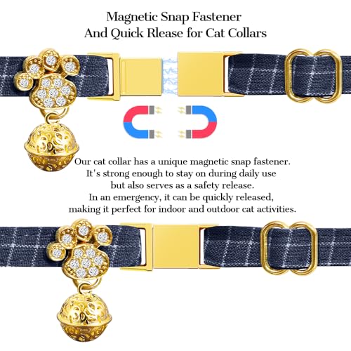 Personalized Breakaway Cat Collars - Magnetic Buckle, Bell - Safety Quick Release, Customized for Girls & Boys Cats- (Checkered-Navy) - color: Checkered-Navy