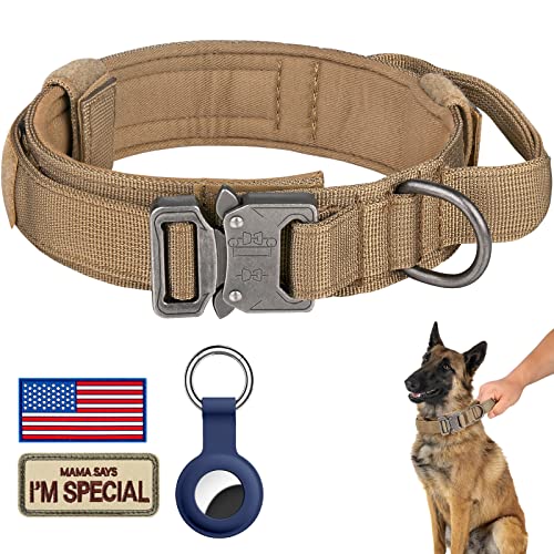 DAGANXI Tactical Dog Collar, Adjustable Military Training Nylon Dog Collar with Control Handle and Heavy Metal Buckle for Medium and Large Dogs, with Patches and Airtags Case (S, Brown) - color: Brown, size: S