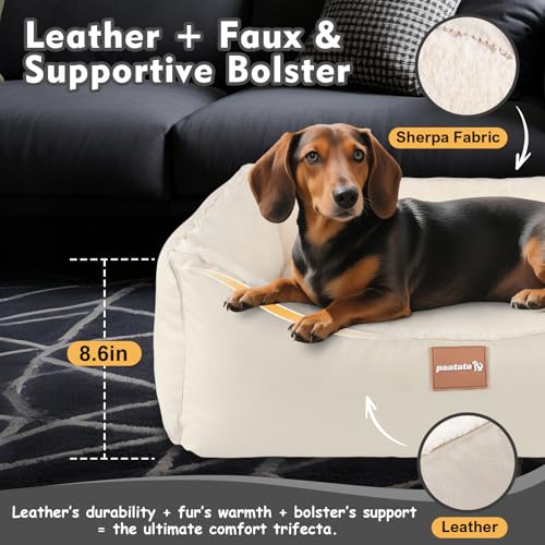 Calming Dog Bed for Medium Dogs,All-Season Leather,Non-Slip One-Key Detachable Washable Dog Bed for Small Dogs Cat Pet Beds with Sides and Cover (White, Medium)