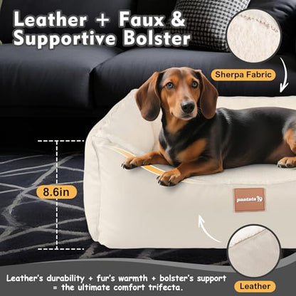 Calming Dog Bed for Medium Dogs,All-Season Leather,Non-Slip One-Key Detachable Washable Dog Bed for Small Dogs Cat Pet Beds with Sides and Cover (White, Medium)