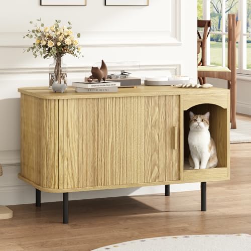 Cat Litter Box Enclosure Furniture, Fluted Hidden Litter Box Furniture with Scratching Pad, Large Wood Cat House Indoor Modern Cabinet Side End Table for Living Room, Entryway, Natural - color: Natural, size: 35.4"